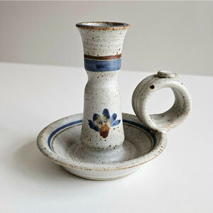 Studio Pottery Candlestick Holder Speckled Glaze Blue Brown - Signed Padgett